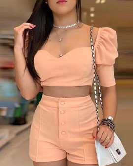 hirigin New Solid Color Women Sets Office Lady Summer 2Pieces Suits Puff Sleeve Square Collar Crop Tops+High Waist Button Shorts