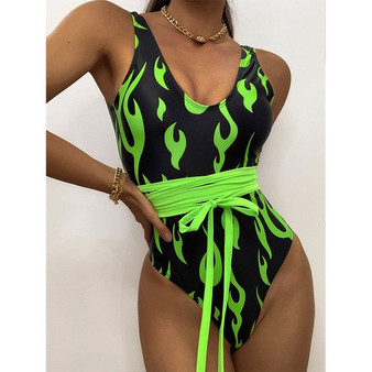 Fire print one piece swimsuit women Vintage monokini vodysuit Elegant swimwear female bathing suit women bathers oversize 2020