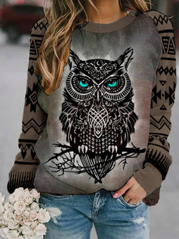 Ladies western ethnic style owl diamond check sweatshirt