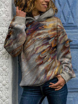 Ladies Western Ethnic Feather Print Hooded Sweatshirt