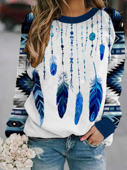 Ladies western ethnic feather diamond check print sweatshirt