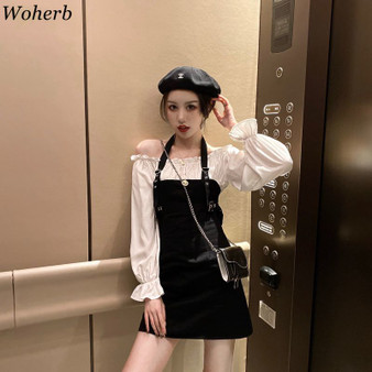 2020 Woherb Korean Chic Fake Two Pieces Set Dress Women Sexy Off Shouloder Vestidos Summer New Elegant Halter Dresses Office