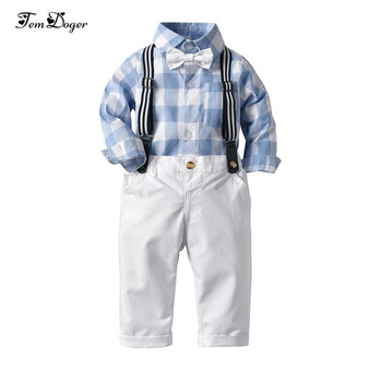 Tem Doger Boy Clothing Sets  Long Sleeve Plaid Shirt+Overalls 2PCS Outfit