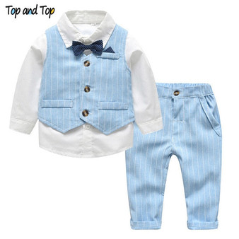 Spring&Autumn Baby Boy Gentleman Suit White Shirt with Bow Tie+Striped Vest+Trousers 3Pcs