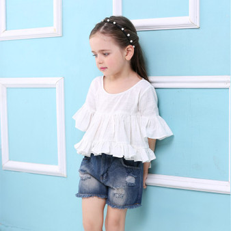 Baby Girls' Clothing Sets Summer Clothes Petal Sleeve White T-shirt +Denim Shorts Pants