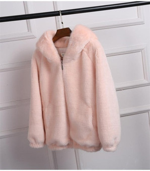 Winter Warm New Faux Mink Casual Women Faux Fur Coat Hooded Furry Fake Rabbit Fur Ladies Jacket Zipper Pink Outwear Plus Size