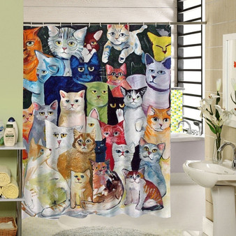 Cute Cat Shower Curtain Custom Cartoon Pattern 3D Print Bathroom Curtain