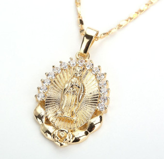 Holy Virgin Mary Religion Dainty Golden Christian Cubic Zircon Pendant Necklace Jewelry