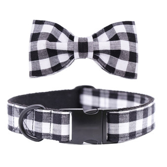 White and Black Gingham Plaid Dog Collar w/ Detachable Bow