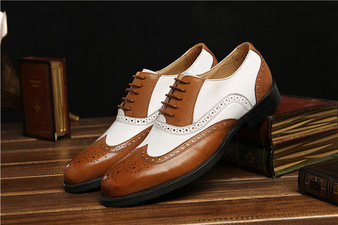 Large size black white / brown white mens wedding shoes genuine leather dress shoes formal oxfords shoes