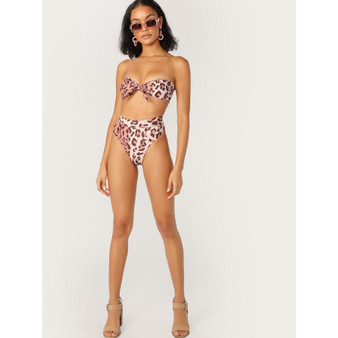 Leopard Tie Front Bandeau High Leg Bikini Set
