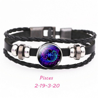 12 Constellation Zodiac Sign Black Buckle Leather Bracelet