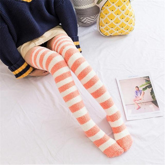 Fuzzy Coral Fleece Long Striped Thigh High Socks [4 Colors] #JU2366