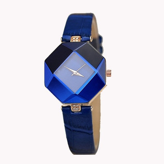 Womens Gem Cut Leather Quartz Wrist Watch