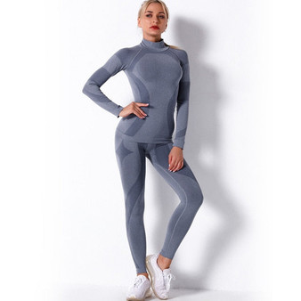 Women's Fashion Sportswear Set High Neck Striped Seamless Long Sleeve Fitness Sports Slim Yoga Wear High Waist Elastic Leggings