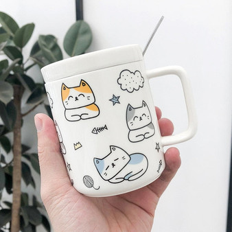 400ML Personality Creative Cat Ceramic Cup Cartoon Cute with Lid and Spoon