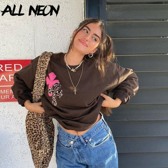 ALLNeon 90s Aesthetics Leopard Print Oversized Brown Tops Y2K Vintage Crewneck Long Sleeve Sweatshirts Indie Outfits Streetwear