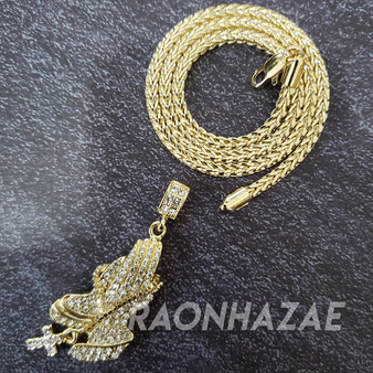 MENS ICED GOLD PLATED JESUS PRAYINGS HANDS PENDANT 4mm ROPE / FRANCO CHAIN