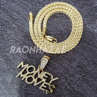 MENS ICED GOLD HUNCHO MONEY MOVES PENDANT 4mm ROPE / FRANCO CHAIN NECKLACE