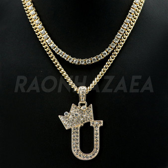 Crown U Initial Pendant Necklace Set