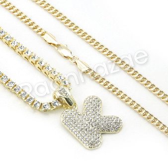 K INITIAL BUBBLE PENDANT W/ 24" MIAMI CUBAN /18" TENNIS CHAIN NECKLACE