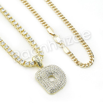 D INITIAL BUBBLE PENDANT W/ 24" MIAMI CUBAN /18" TENNIS CHAIN NECKLACE