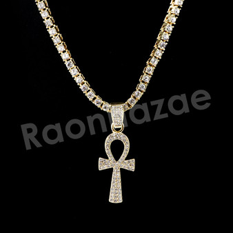 Micro Pave Ankh Cross Pendant w/ 18" Tennis / 30" Cuban Chain