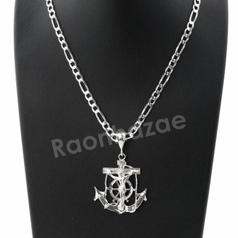 Italian .925 Sterling Silver CRUCIFIX ANCHOR Pendant 5mm Figaro Necklace S07