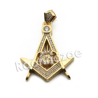 Mens Brass Masonic Gold Freemason Charm w/ 5mm 24" 30" Cuban Chain A01