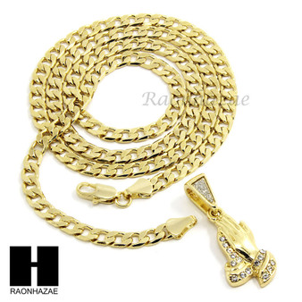 MENS HIP HOP PRAYING HANDS STARDUST CZ PENDANT 24" CUBAN NECKLACE N024