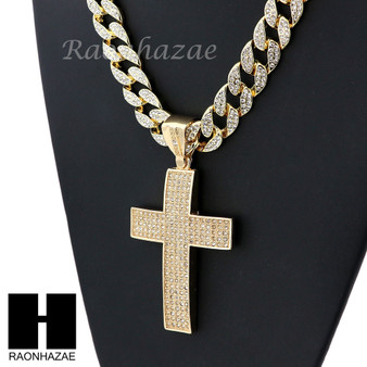 Hip Hop 14k Gold Plated 2Pac Cross PAVE Pendant 30" Cuban Link Chain N1