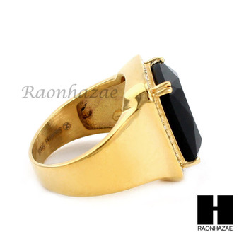 MEN RING 316L STAINLESS STEEL GOLD BLACK ONYX CZ RING SIZE 8-12 SR015BK