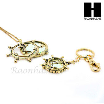 Gold Magnifying Glass Wheel with Anchor Key Chain & Pendant Chain Necklace Set SJ1G