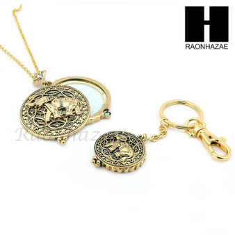 Gold 5X Magnifying Glass Lady Luck Elephant Key Chain Pendant Chain Necklace Set SJ2G