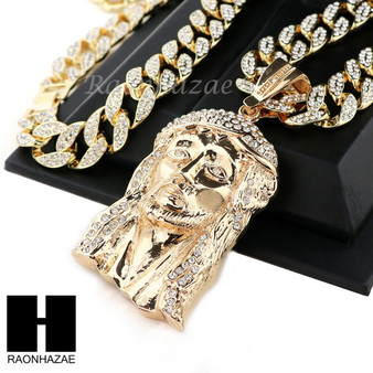 Hip Hop 14k Gold Plated Jesus Face PAVE Pendant 30" Cuban Link Chain N5