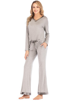 Pajamas Set Long Sleeve Sleepwear Womens V-neck Nightwear with Pocket/Free Shipping