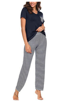Women's Striped Spliced Sleepwear Short sleeve Pajama Sets With Pocket/Free Shipping