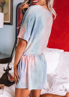 Women's Tie Dye Ruffle V-neck Tops and Shorts Pajamas Set/Free Shipping
