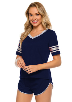 Color Block Stripe V-Neck Short Sleeve Pajamas Set/Free Shipping