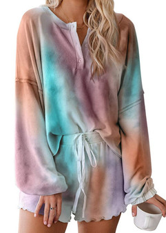 Womens Tie Dye Button Up Long Sleeve Tops and Shorts Pajamas Set/Free Shipping