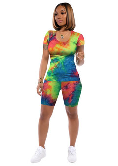 Casual Two Piece Outfits for Women Round Neck Tie Dye Short  Pajamas Set/Free Shipping