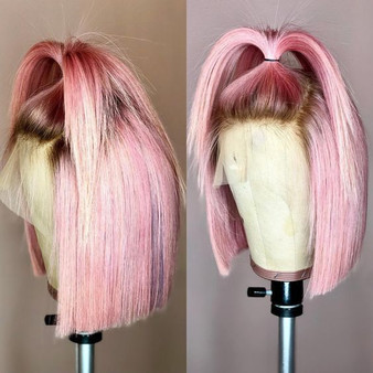 Ombre Pink Bob Lace Frontal Wigs For Women Short Straight Lace Front Brazilian Remy Hair Wigs 150%/Free Shipping