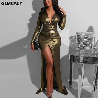 Women Long Sleeve V Neck High Slit Maxi Dress Metallic Bodycon Dress Elegant Evening Party Robe Vestidos