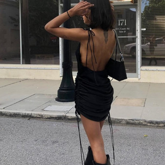 Backless Scrunched Spaghetti Strap Dress