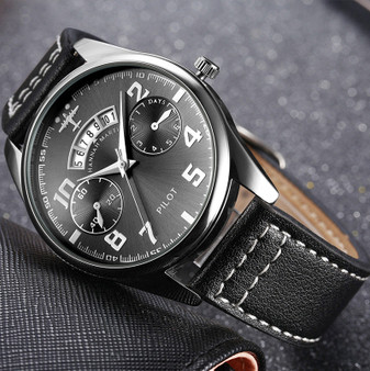 Biden Quartz Air Watch with Genuine Leather Strap