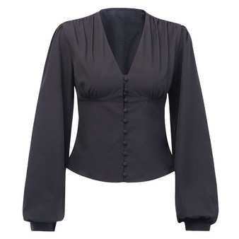 Deep V-Neck Black Button Lantern Long Sleeve Blouse! So Sharp! Sizes: S M L