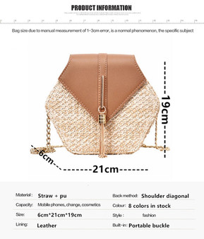 Women's Hexagon Straw+leather Handbag