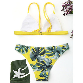 Leaf Print Spaghetti Strap Bikini Set