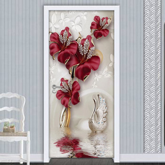 Red Flower Butterfly Jewelry 3D Door Stickers Home Decor Modern Living Room Bedroom Door Decoration Sticker Wall Mural Wallpaper