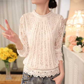 Women's Long Sleeve Chiffon Lace Crochet Tops   Feminine Blouses